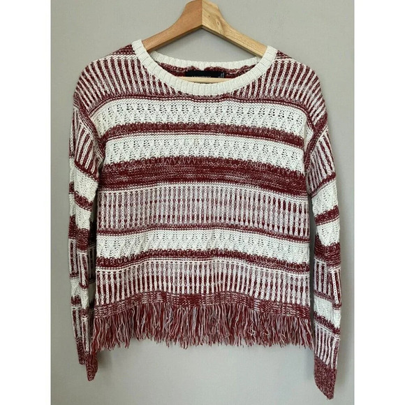 MINKPINK Womens Size XS Sunday Frills Fringe Sweater Top in Maroon & White Boho - Picture 7 of 16